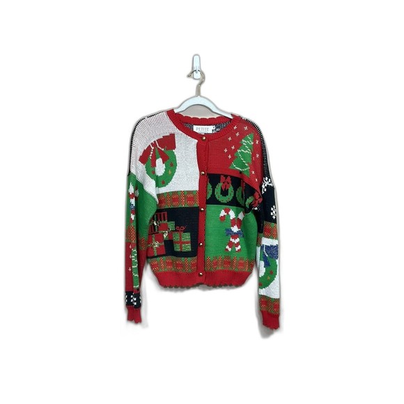 Petite Sophisticate Sweaters - VTG Womens Ugly Christmas Sweater Cardigan MP Bows Wreaths Candy Canes Retro 90s
